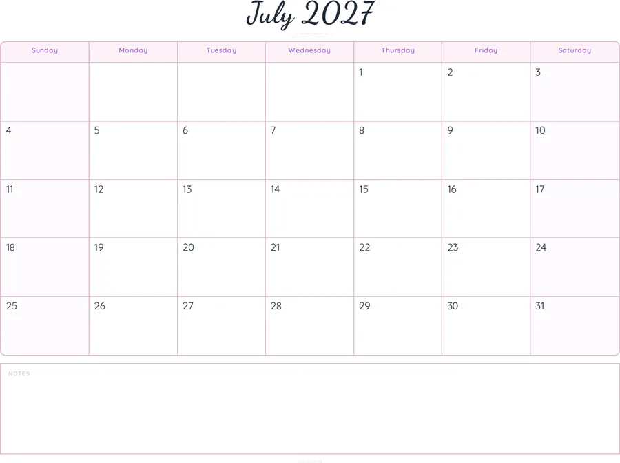 July 2027 Calendar Printable with Notes - Script preview