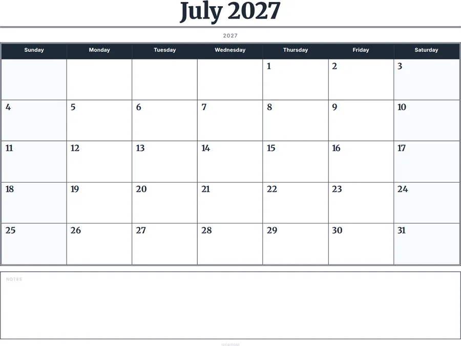 July 2027 Calendar Printable with Notes - Serif Grid preview