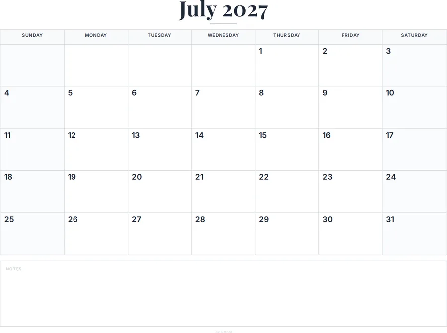 July 2027 Calendar Printable with Notes preview