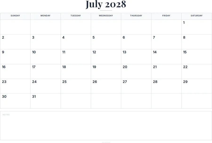 July 2028 Calendar Printable with Notes preview