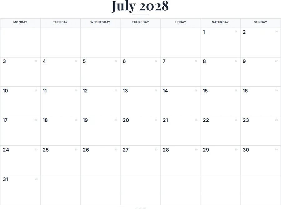 July 2028 Calendar with Holidays preview