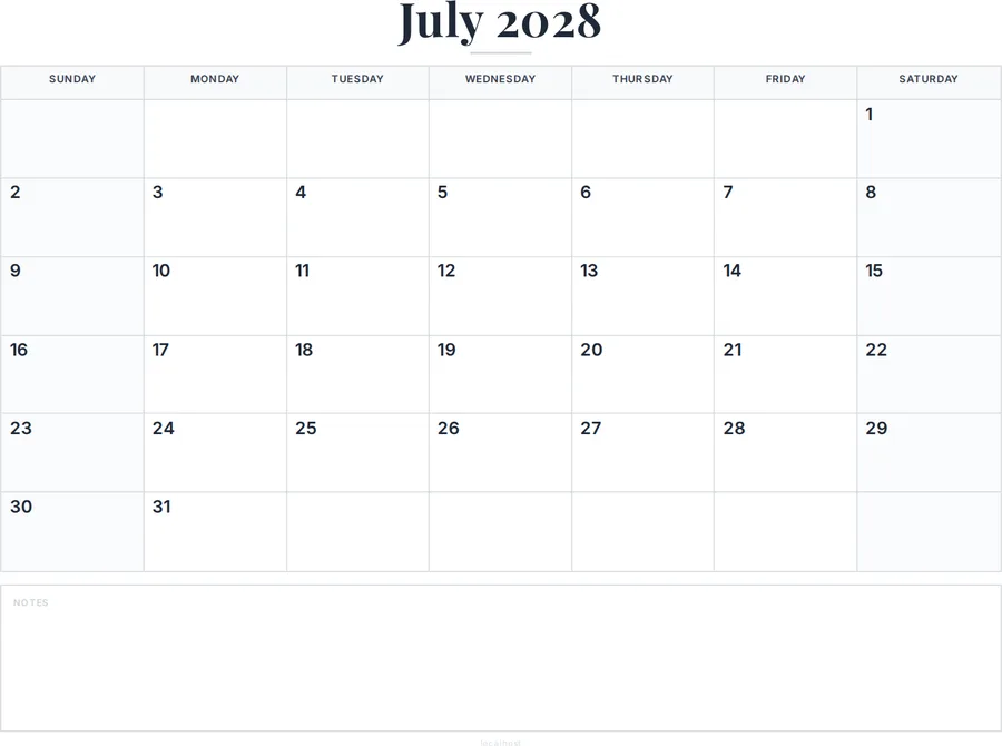 July 2028 Calendar Printable with Notes preview