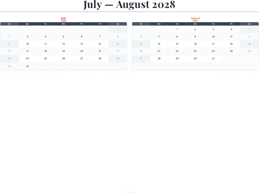 July-August 2028 Calendar preview