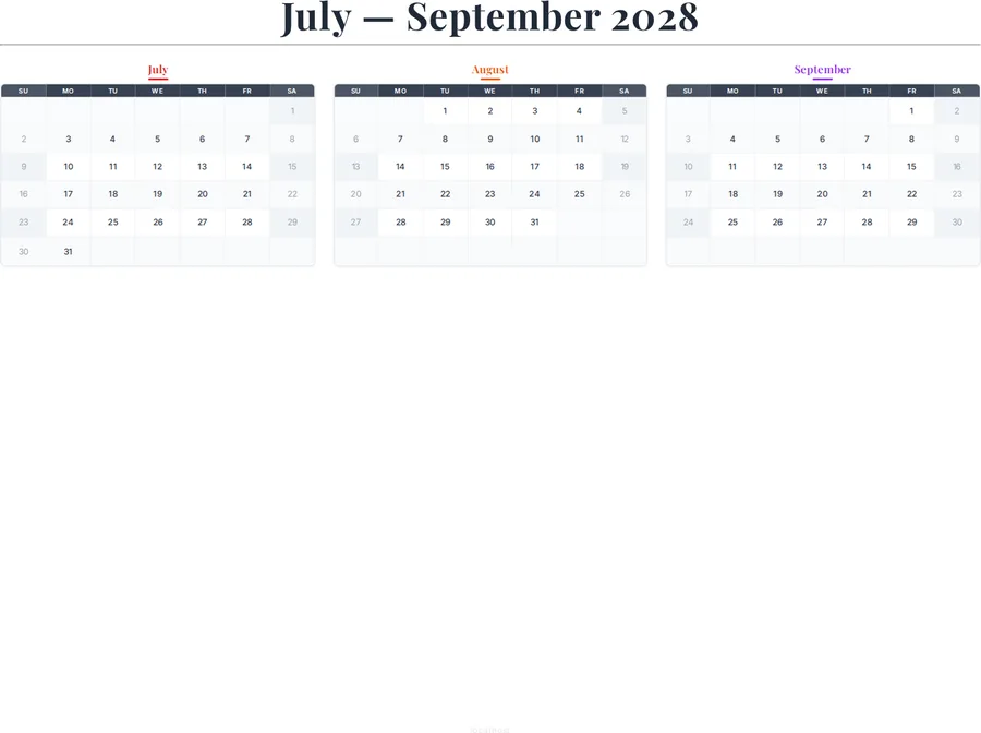July-September 2028 Calendar preview