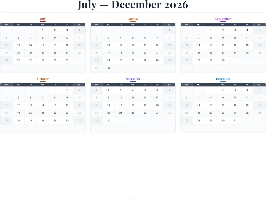 July-December 2026 Calendar preview
