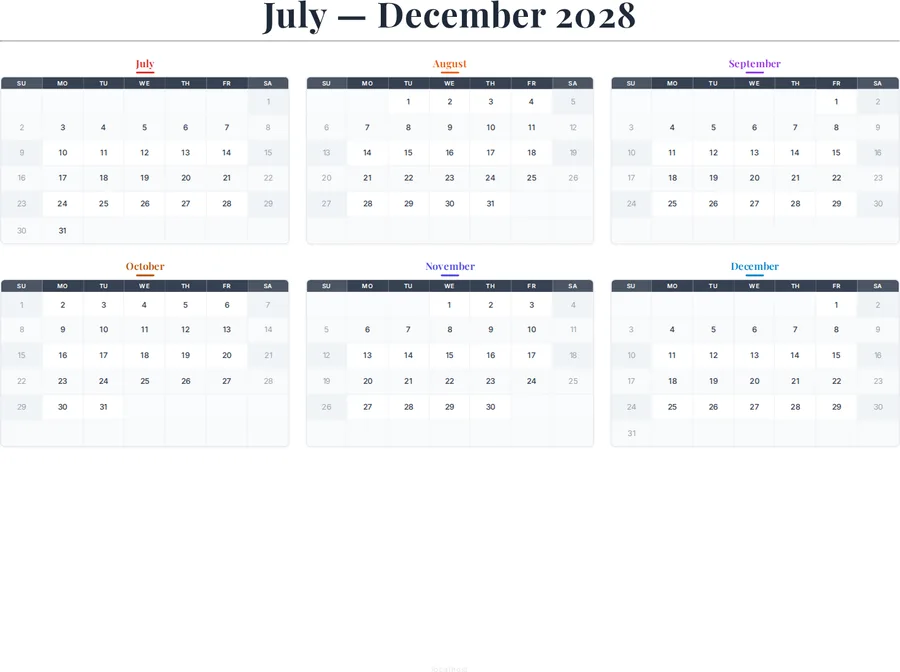 July-December 2028 Calendar preview