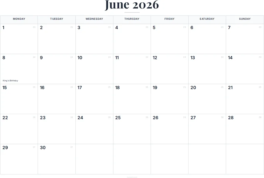 June 2026 Calendar Printable with Australia Holidays preview