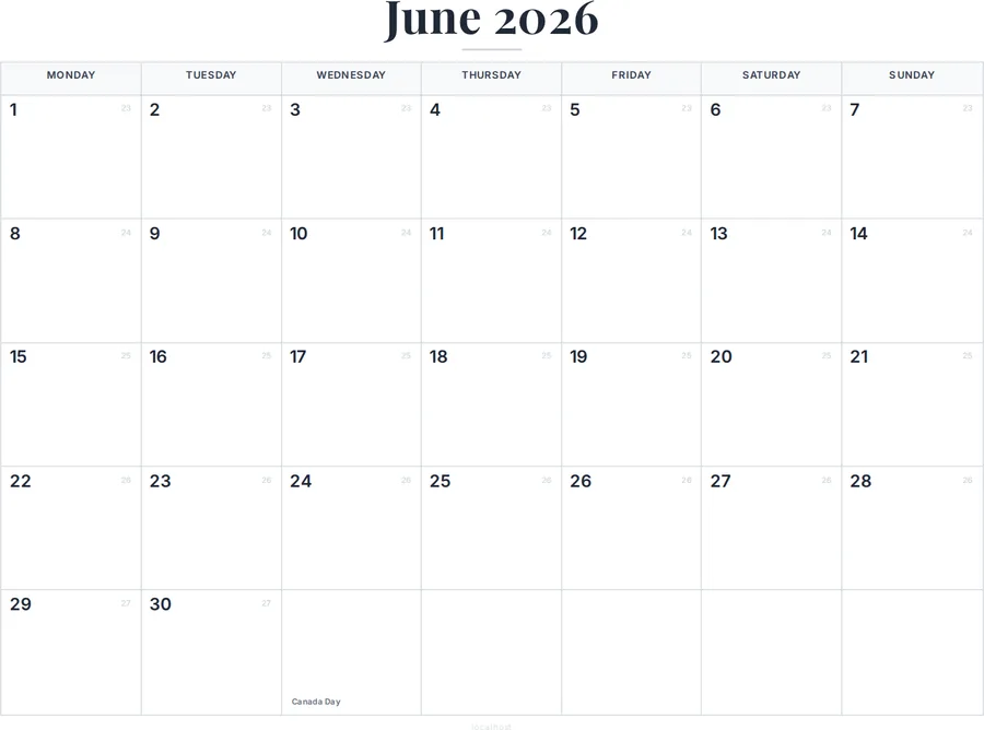 June 2026 Calendar Printable with Canada Holidays preview