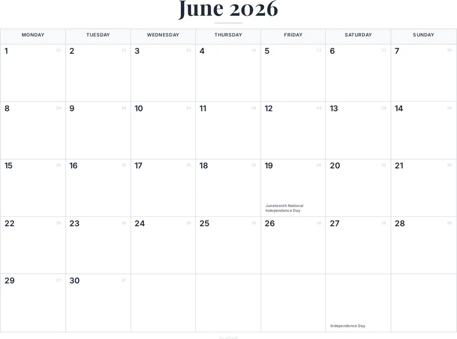 June 2026 Calendar Printable with US Holidays preview