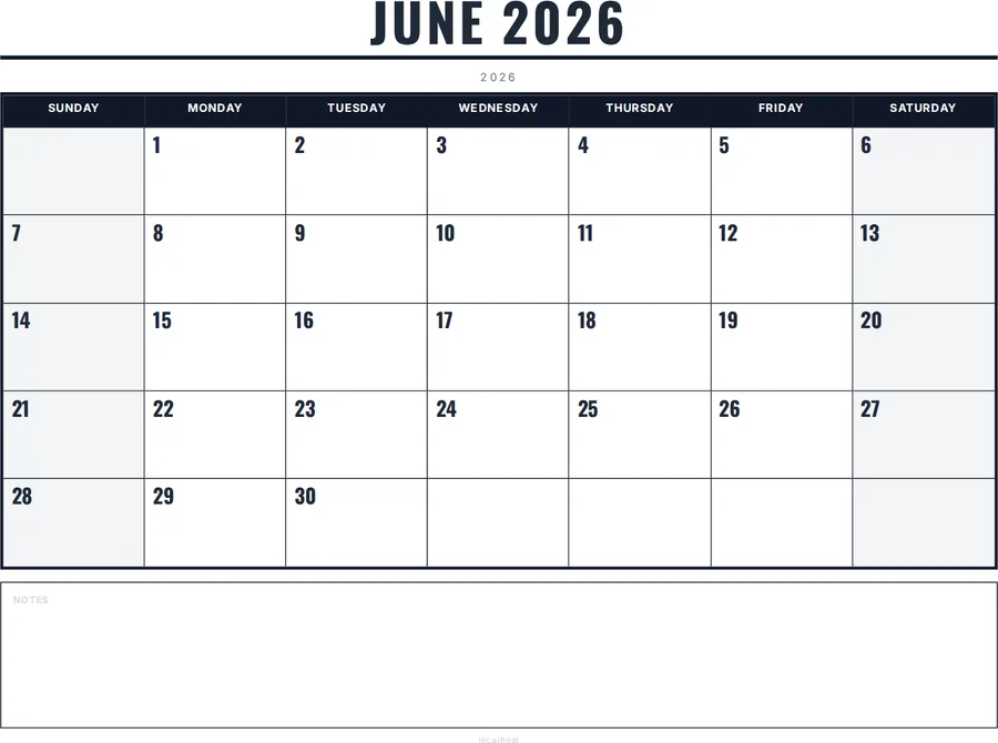 June 2026 Calendar Printable with Notes - Bold preview