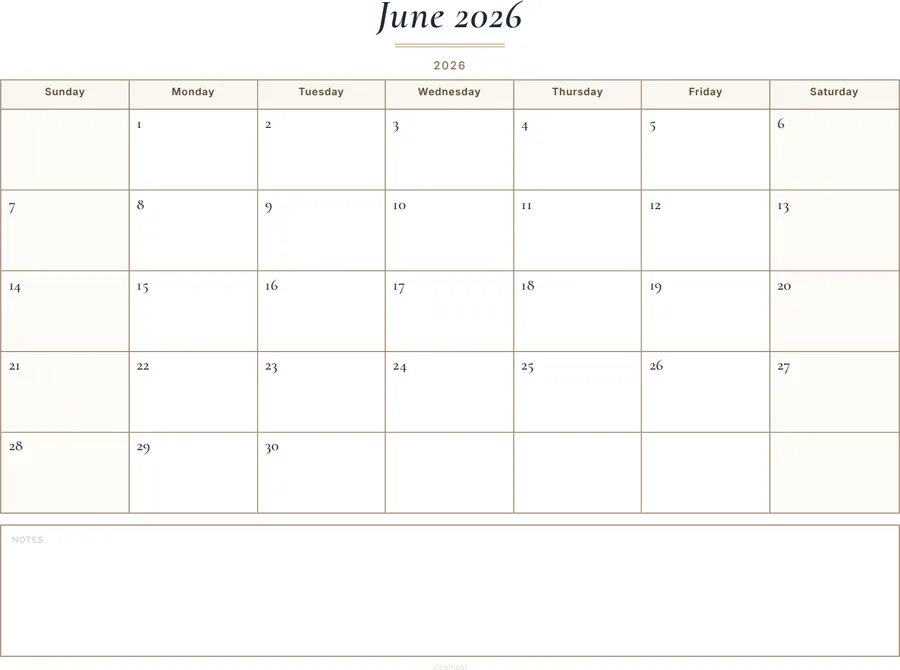 June 2026 Calendar Printable with Notes - Classic preview