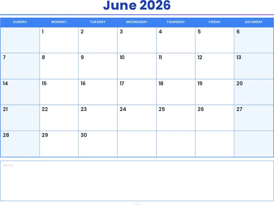 June 2026 Calendar Printable with Notes - Colored Header preview