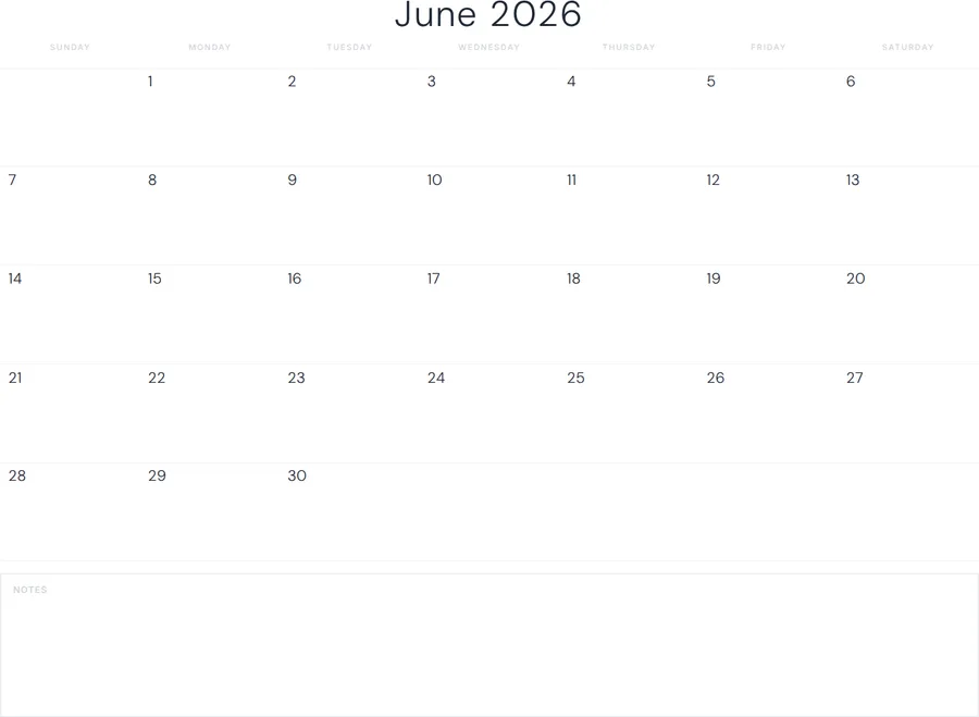 June 2026 Calendar Printable with Notes - Minimal preview