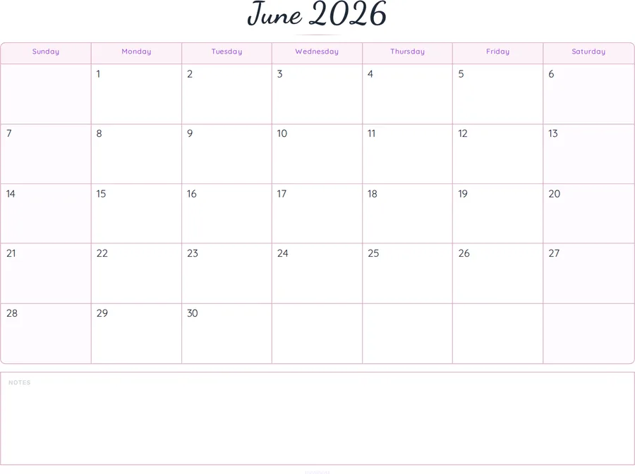 June 2026 Calendar Printable with Notes - Script preview