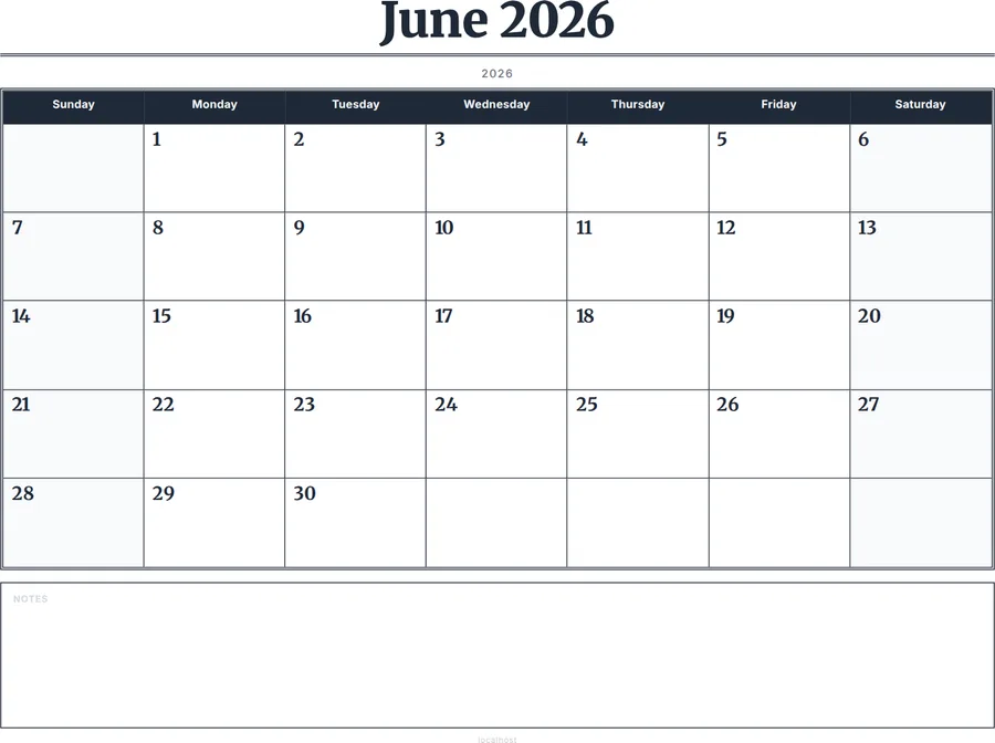 June 2026 Calendar Printable with Notes - Serif Grid preview
