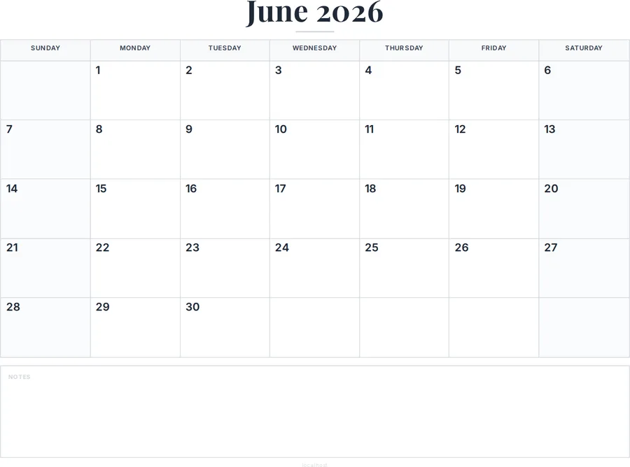 June 2026 Calendar Printable with Notes preview