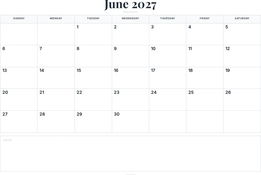 June 2027 Calendar Printable with Notes preview