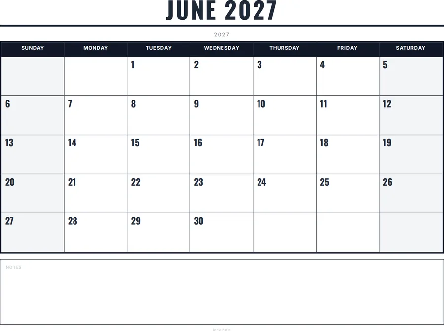 June 2027 Calendar Printable with Notes - Bold preview