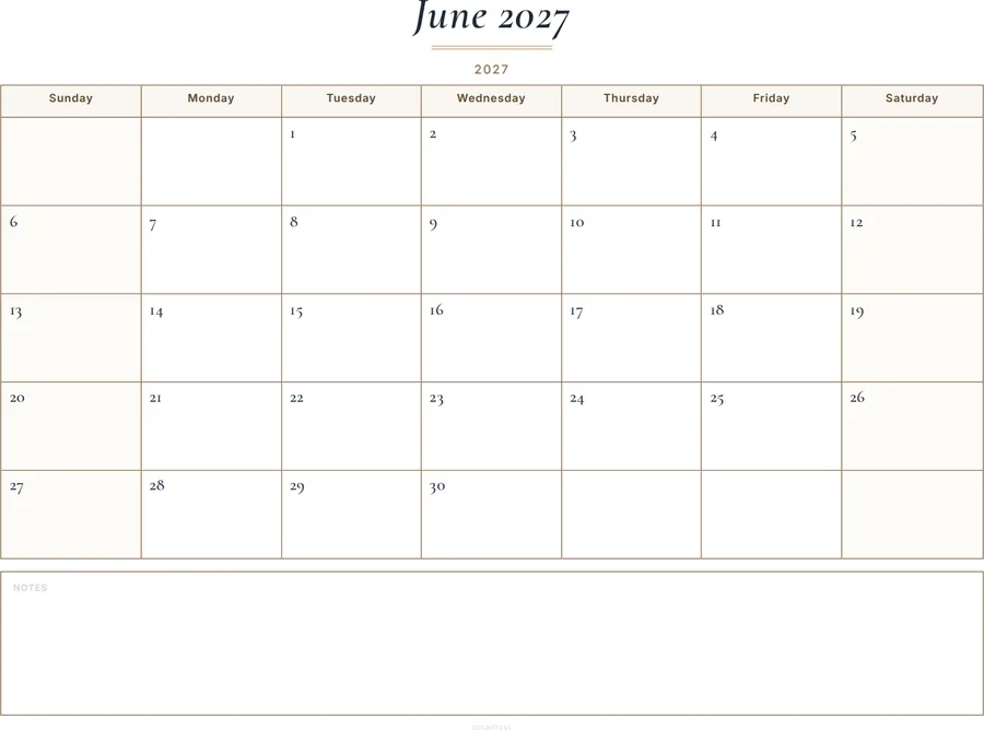 June 2027 Calendar Printable with Notes - Classic preview
