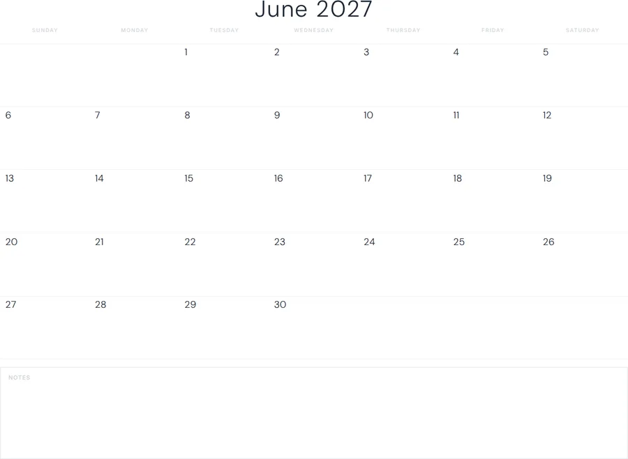 June 2027 Calendar Printable with Notes - Minimal preview