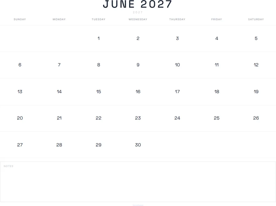 June 2027 Calendar Printable with Notes - Modern preview