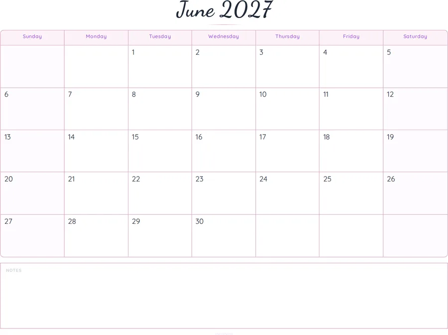 June 2027 Calendar Printable with Notes - Script preview