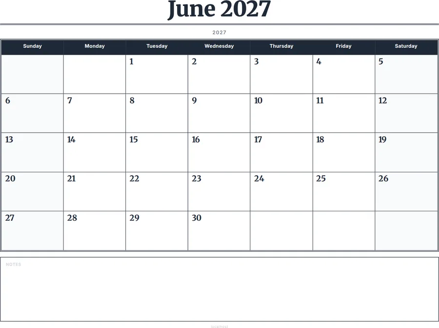 June 2027 Calendar Printable with Notes - Serif Grid preview