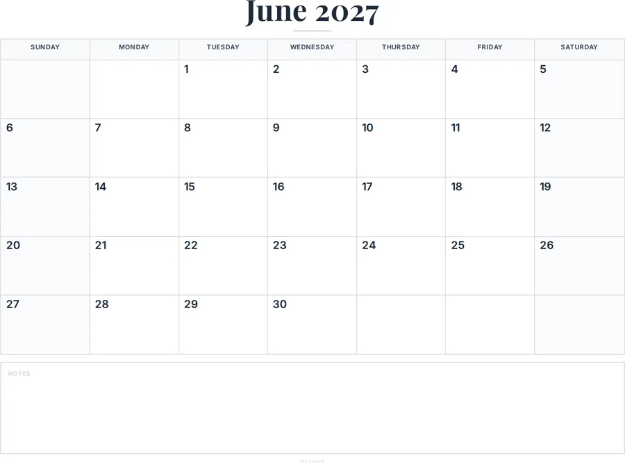 June 2027 Calendar Printable with Notes preview