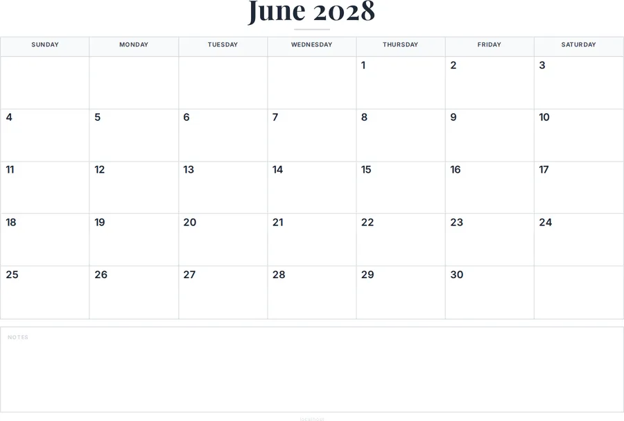 June 2028 Calendar Printable with Notes preview