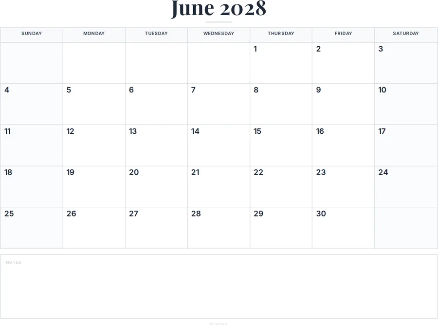 June 2028 Calendar Printable with Notes preview