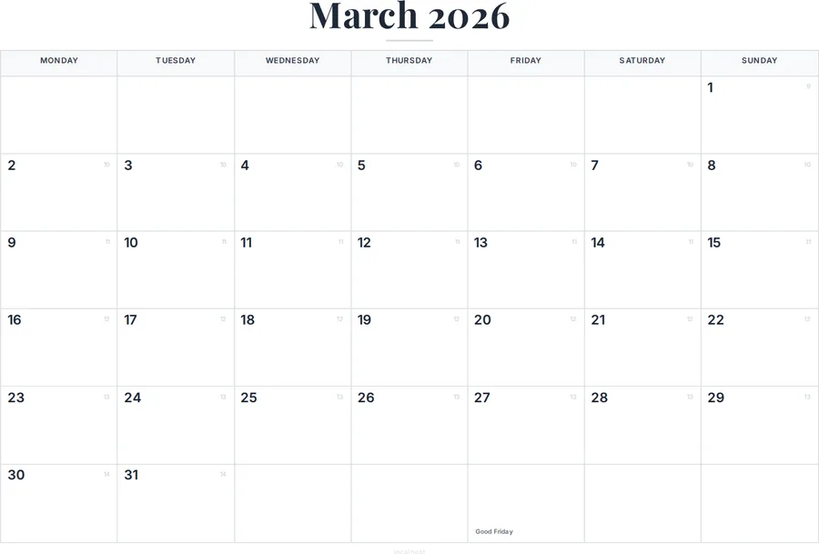 March 2026 Calendar Printable with UK Holidays preview