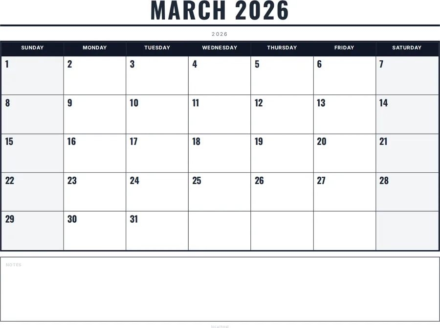 March 2026 Calendar Printable with Notes - Bold preview