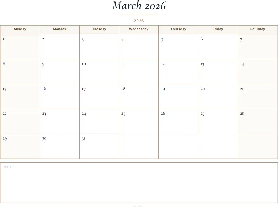 March 2026 Calendar Printable with Notes - Classic preview