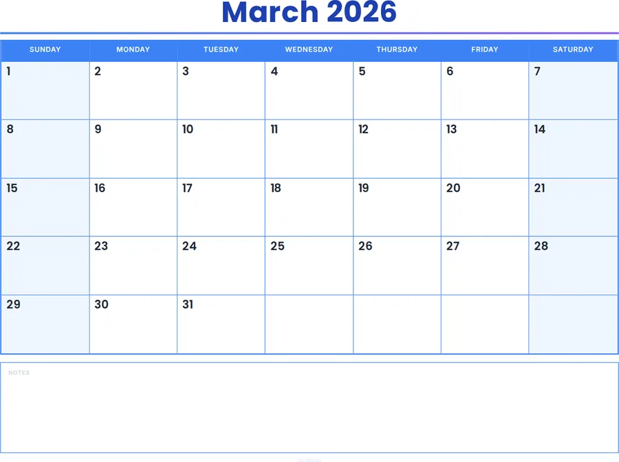 March 2026 Calendar Printable with Notes - Colored Header preview