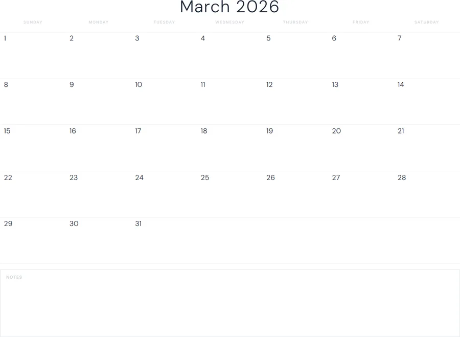 March 2026 Calendar Printable with Notes - Minimal preview
