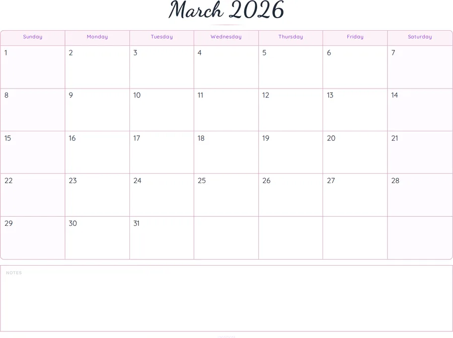 March 2026 Calendar Printable with Notes - Script preview
