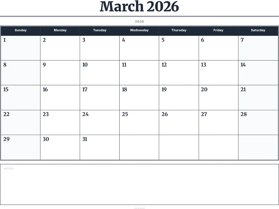 March 2026 Calendar Printable with Notes - Serif Grid preview