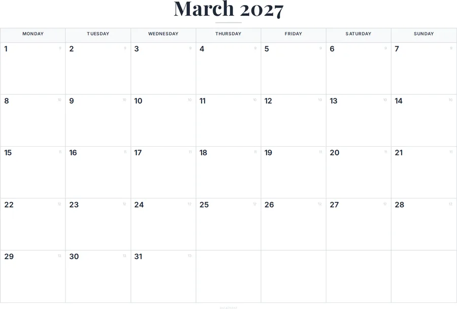 March 2027 Calendar Printable with UK Holidays preview