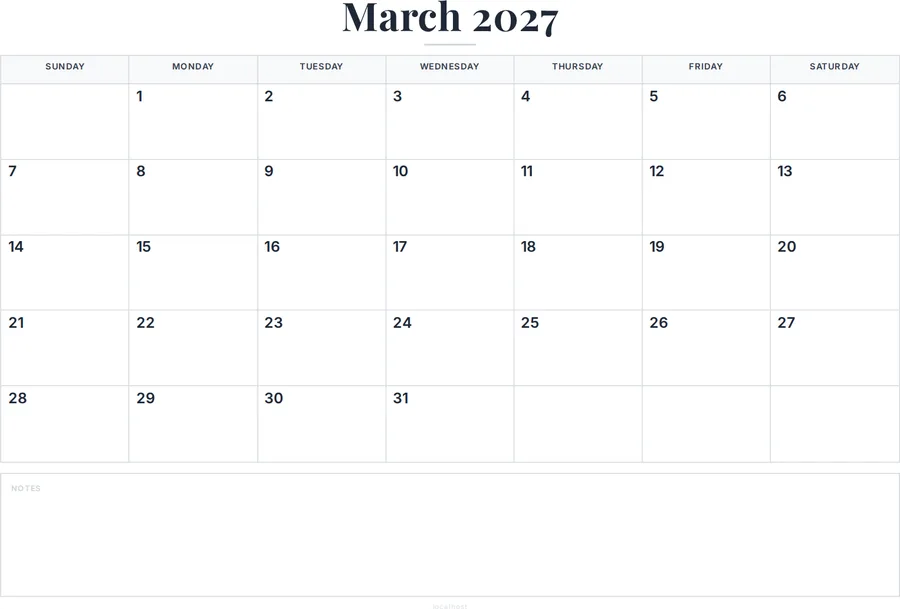 March 2027 Calendar Printable with Notes preview