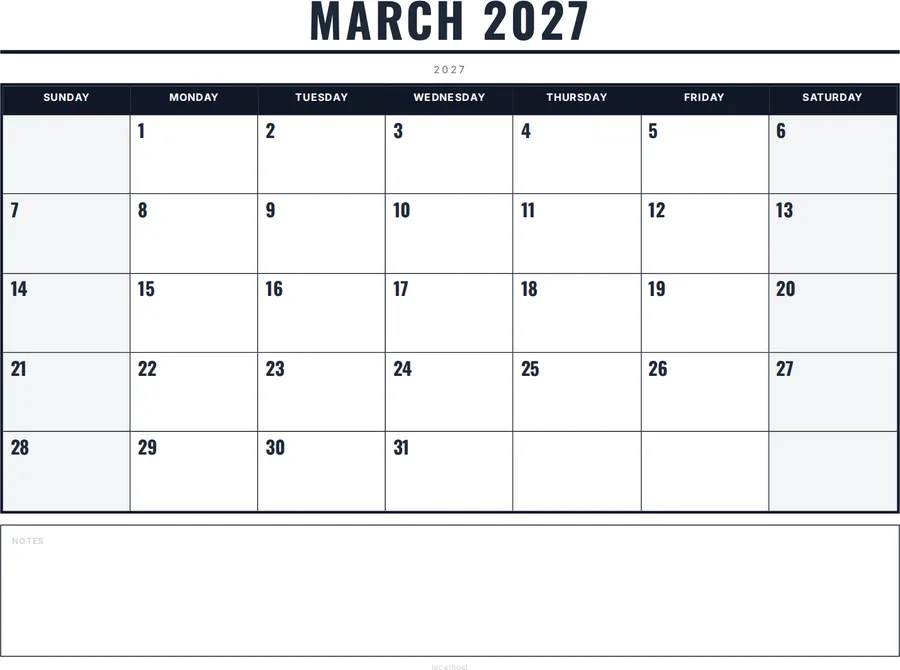 March 2027 Calendar Printable with Notes - Bold preview