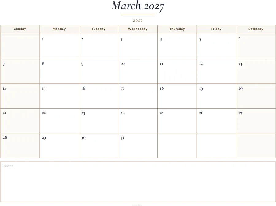 March 2027 Calendar Printable with Notes - Classic preview
