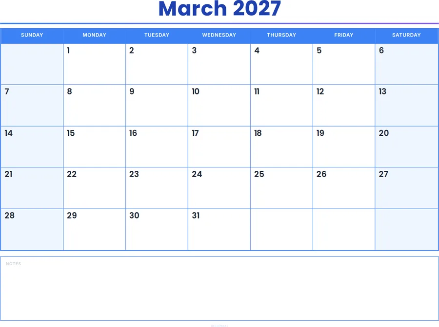 March 2027 Calendar Printable with Notes - Colored Header preview