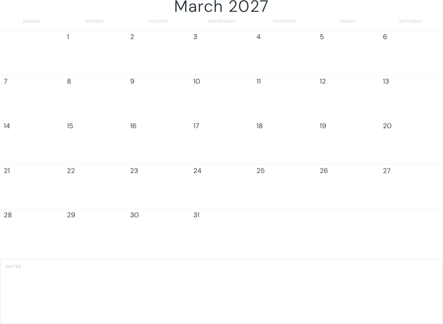 March 2027 Calendar Printable with Notes - Minimal preview