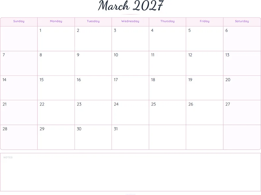 March 2027 Calendar Printable with Notes - Script preview