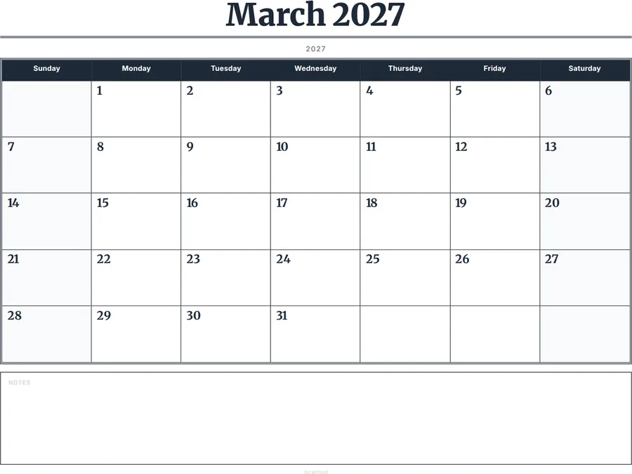 March 2027 Calendar Printable with Notes - Serif Grid preview