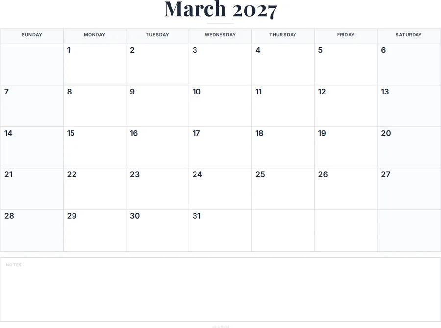 March 2027 Calendar Printable with Notes preview
