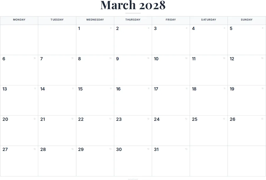 March 2028 Calendar Printable with UK Holidays preview