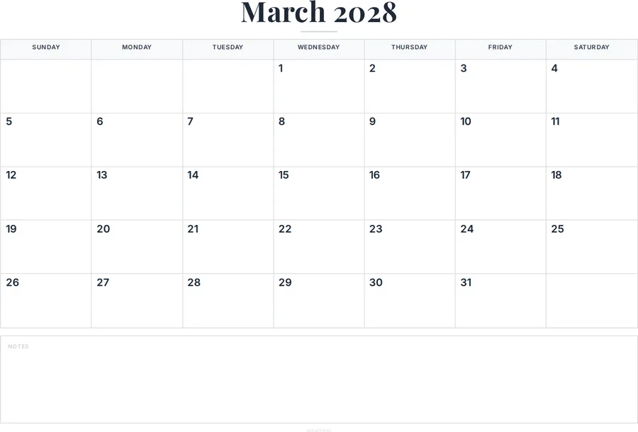 March 2028 Calendar Printable with Notes preview