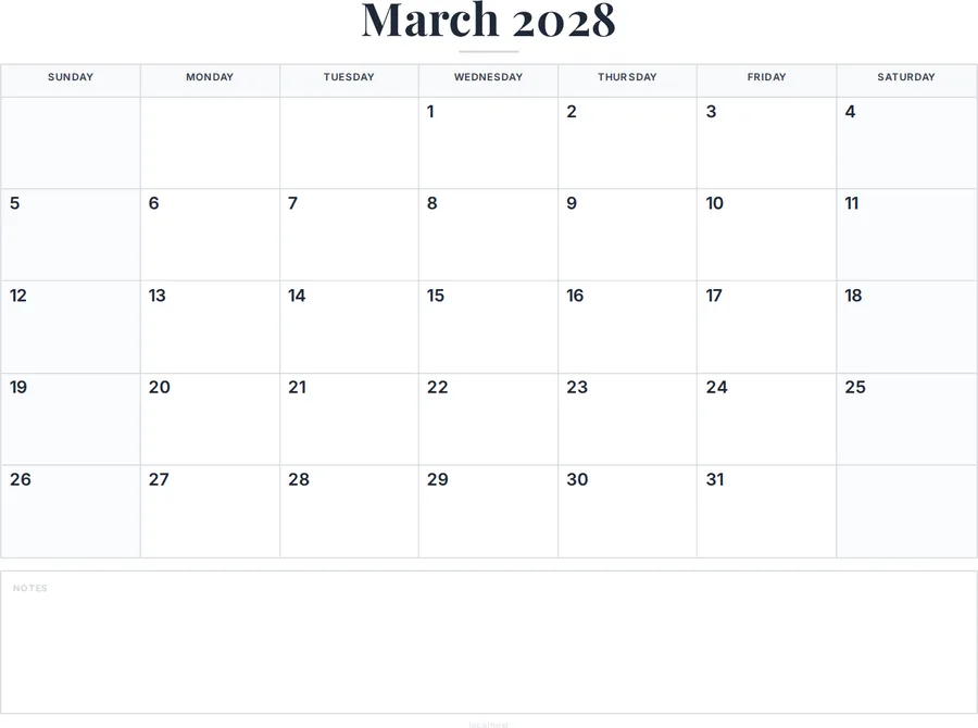 March 2028 Calendar Printable with Notes preview