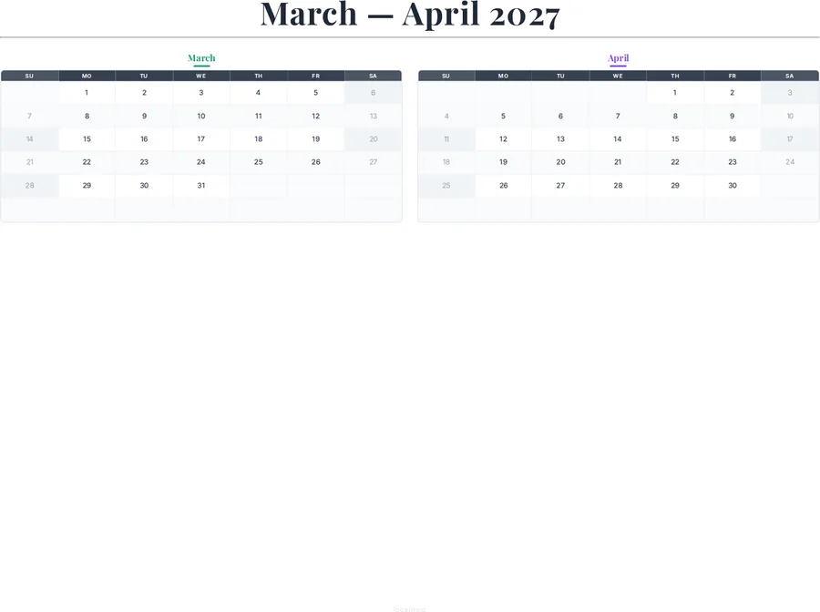 March and April 2027 Calendar preview
